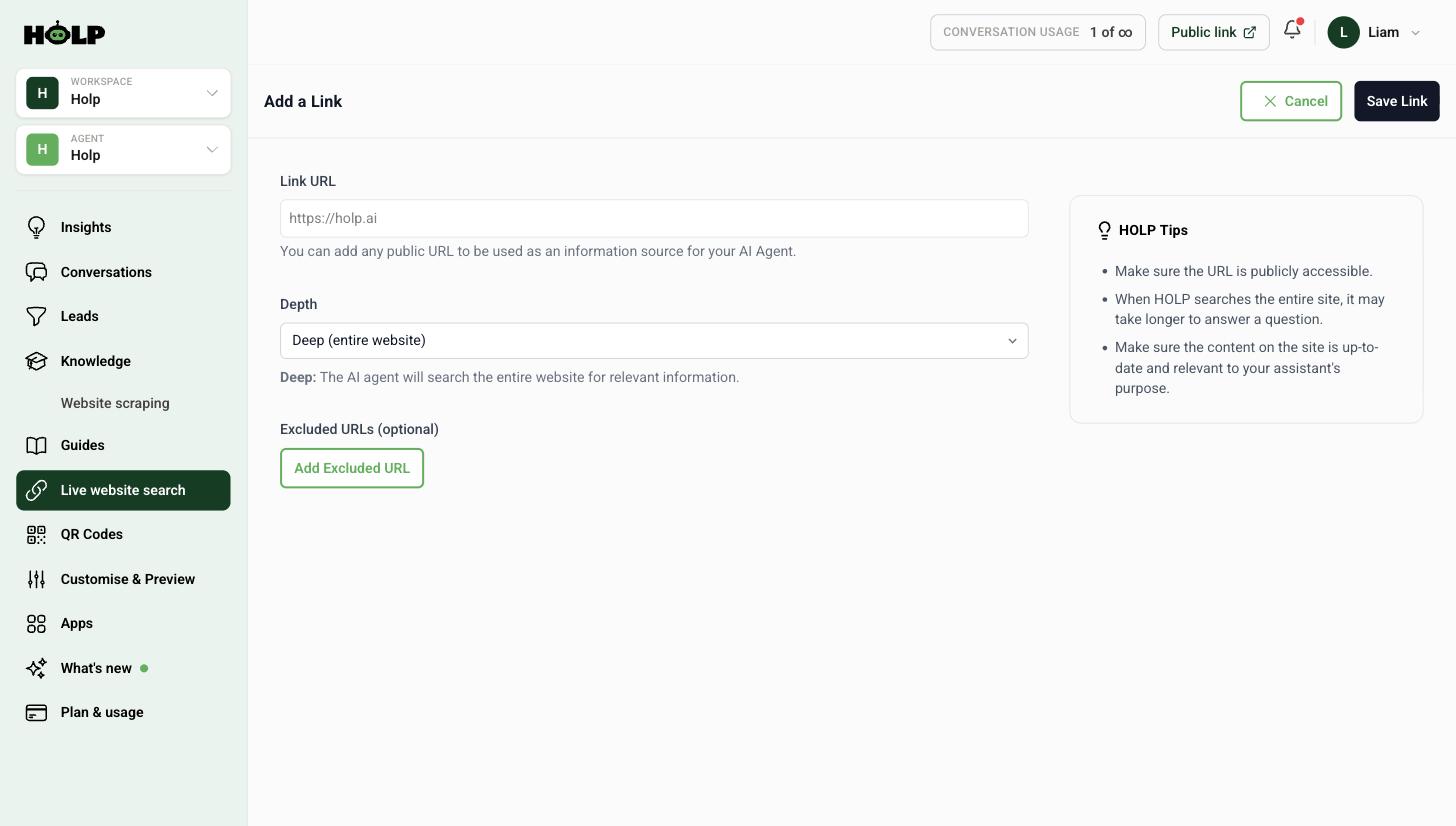 The Add a Link form in Holp with deep and single page depth options