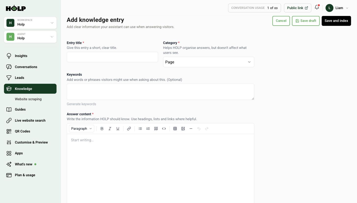 The Holp Add knowledge entry form with title, category, keywords and answer content