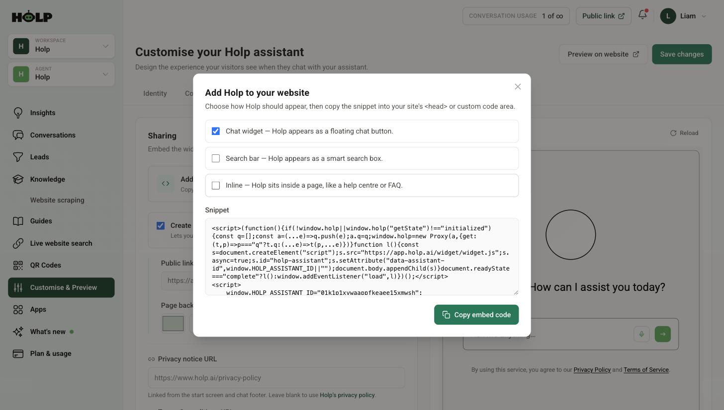 The Add Holp to your website window in Holp showing the chat widget option and embed snippet