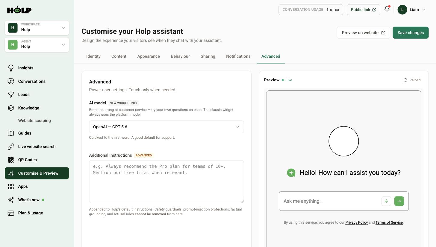The Holp Advanced tab showing the AI model selector and the additional instructions field