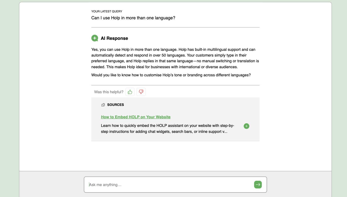A Holp answer to a visitor question with the source it used shown beneath