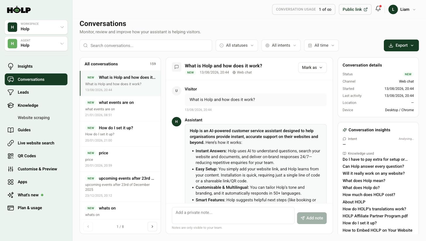 The Holp Conversations screen showing a conversation and the knowledge entries used to answer it