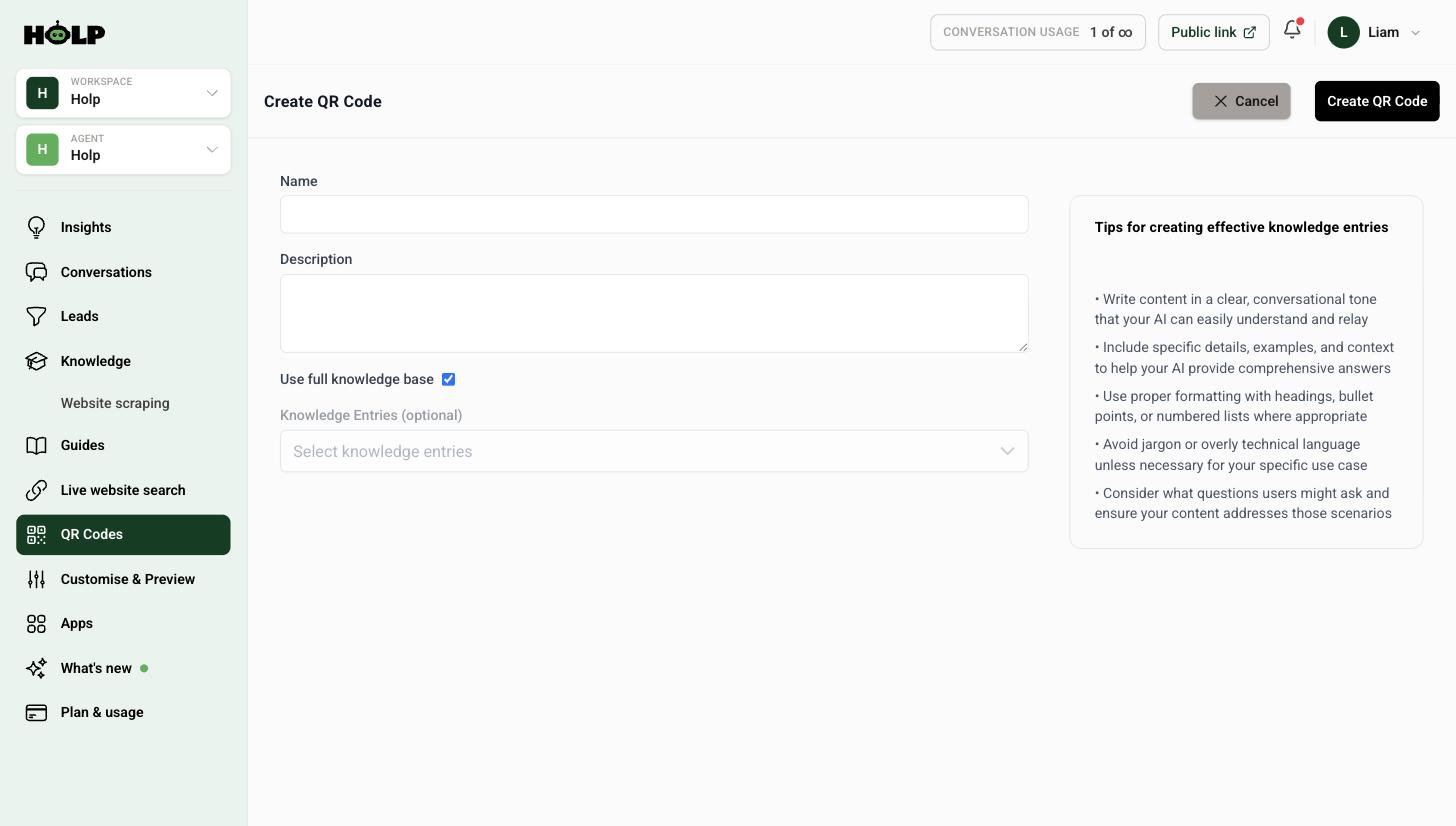 The Create QR code form in Holp with name, description and knowledge entry options