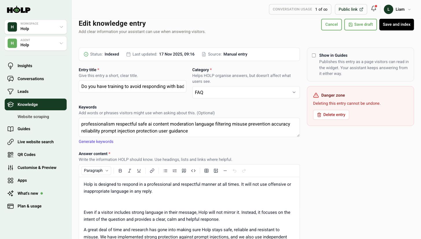 Editing a Holp knowledge entry showing the Show in Guides option