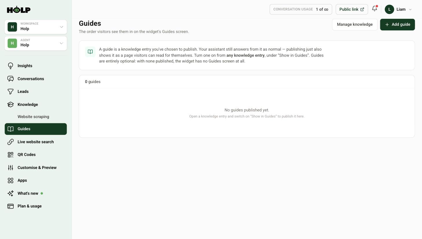 The Guides screen in Holp showing where published knowledge entries appear