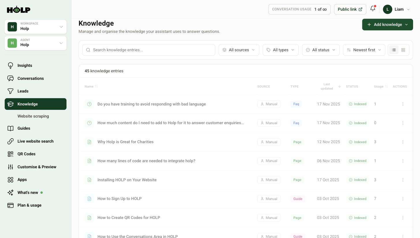 Holp Knowledge library listing entries with source, type, status and usage