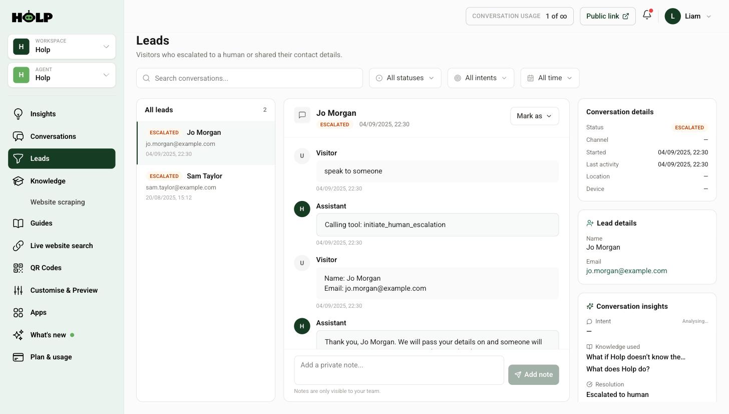 The Holp Leads screen showing an escalated conversation with the visitor name and email captured