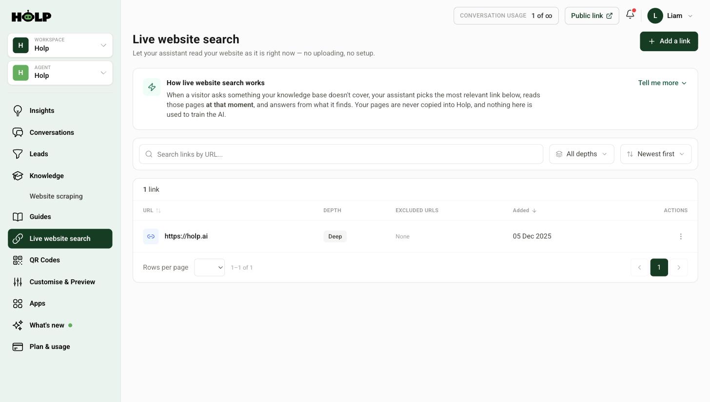 The Holp Live website search screen listing a link and its depth