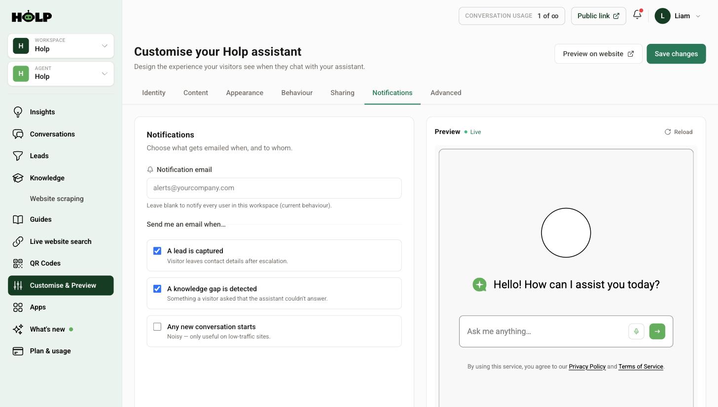 Holp notification settings with options for leads, knowledge gaps and new conversations
