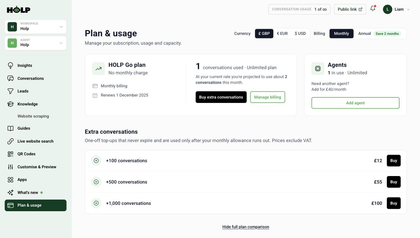 The Holp Plan and usage screen showing the current plan, conversations used and top-up options
