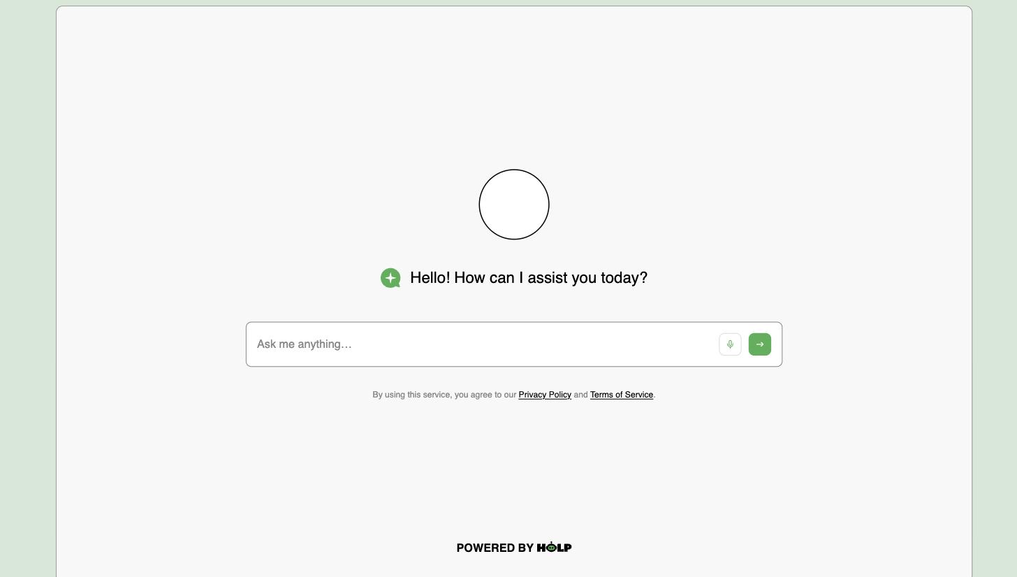 The public Holp page showing the greeting message and the ask me anything box