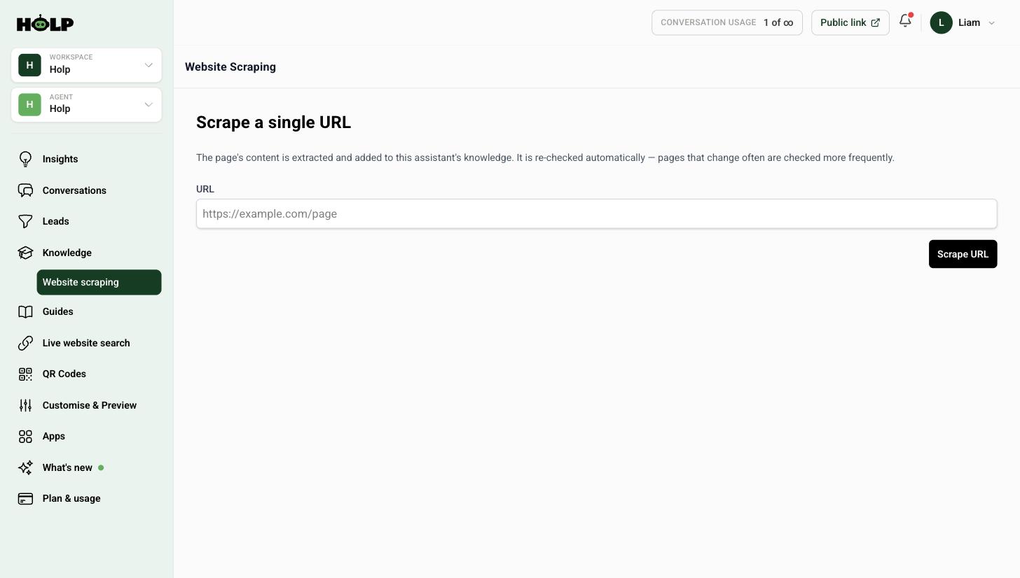 The Scrape a single URL form in Holp