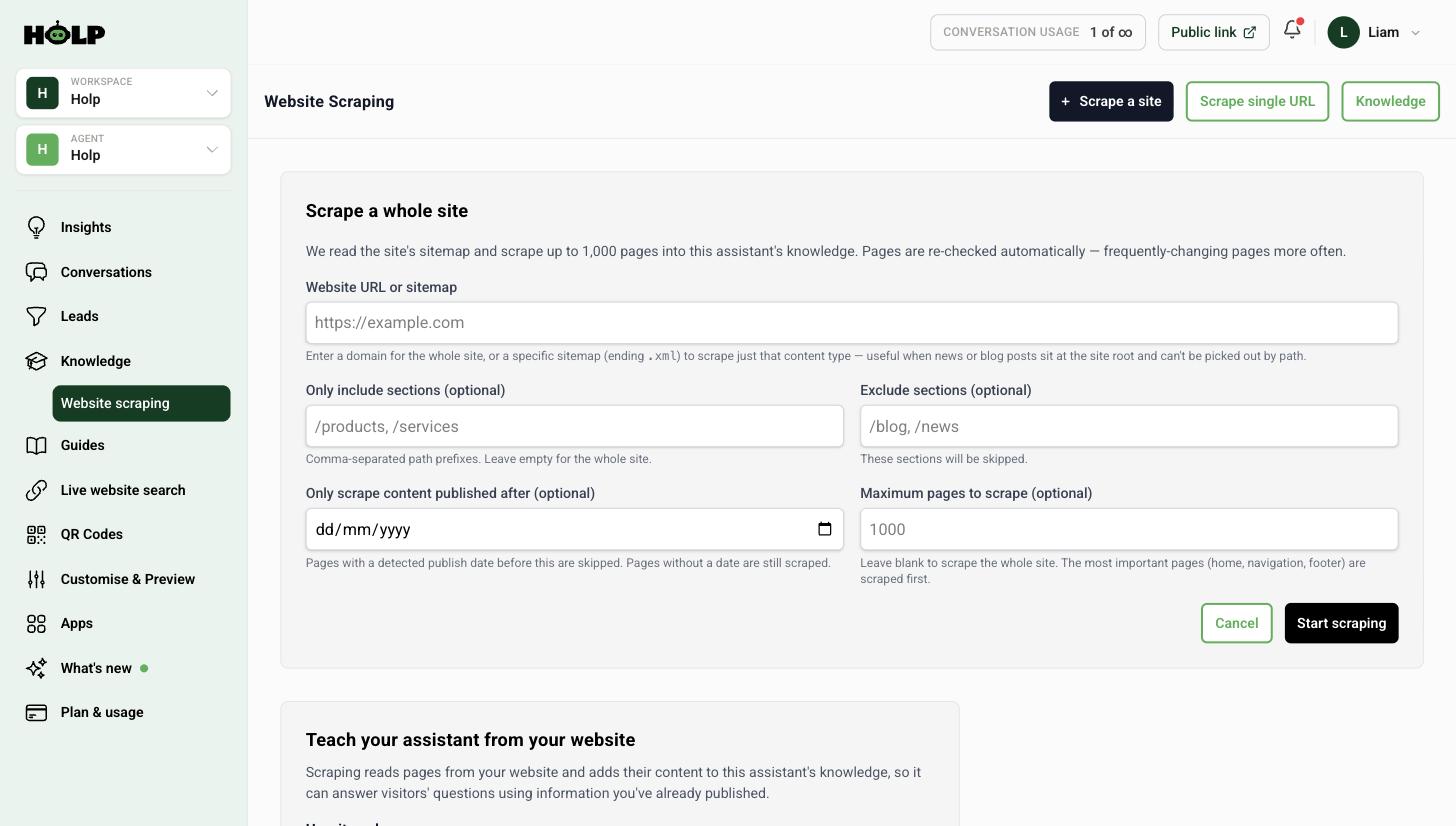 The Scrape a whole site form with include and exclude sections and a page limit