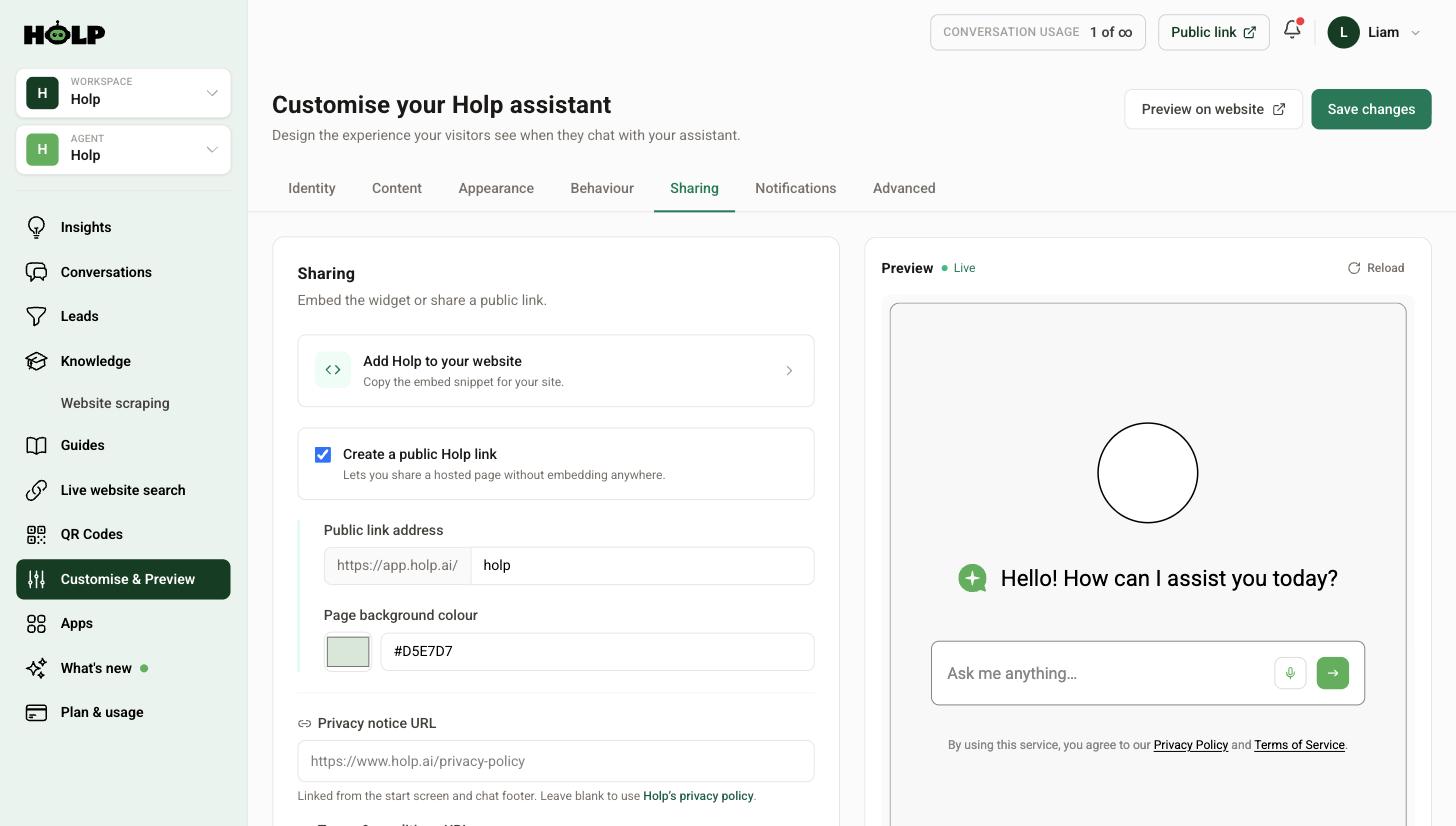 Holp Sharing tab showing the public link address, page background colour and policy links