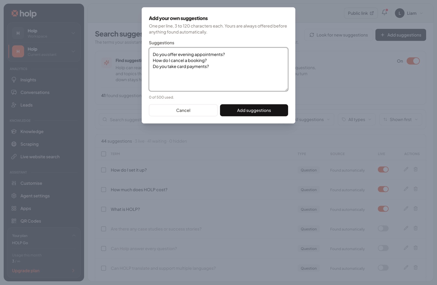 The Add your own suggestions dialog in Holp with three questions typed one per line