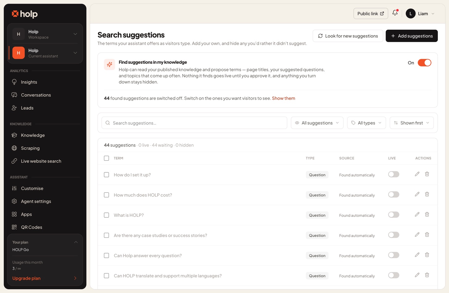 The Search suggestions screen in Holp, showing the automatic finding card and a table of questions with Live toggles