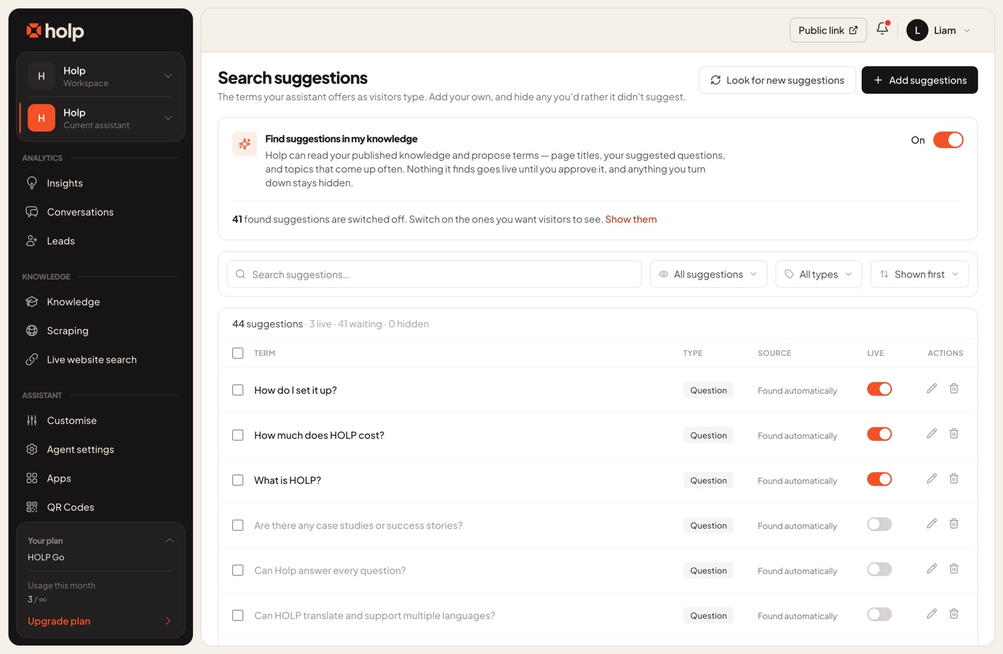 The Search suggestions table with several questions switched on and others still off