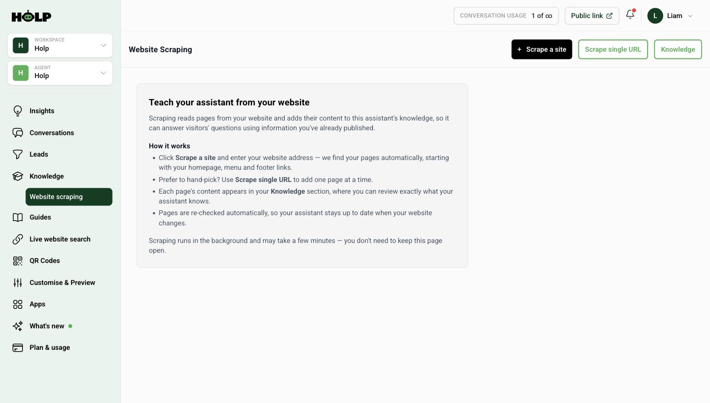 The Holp website scraping screen explaining how pages become knowledge