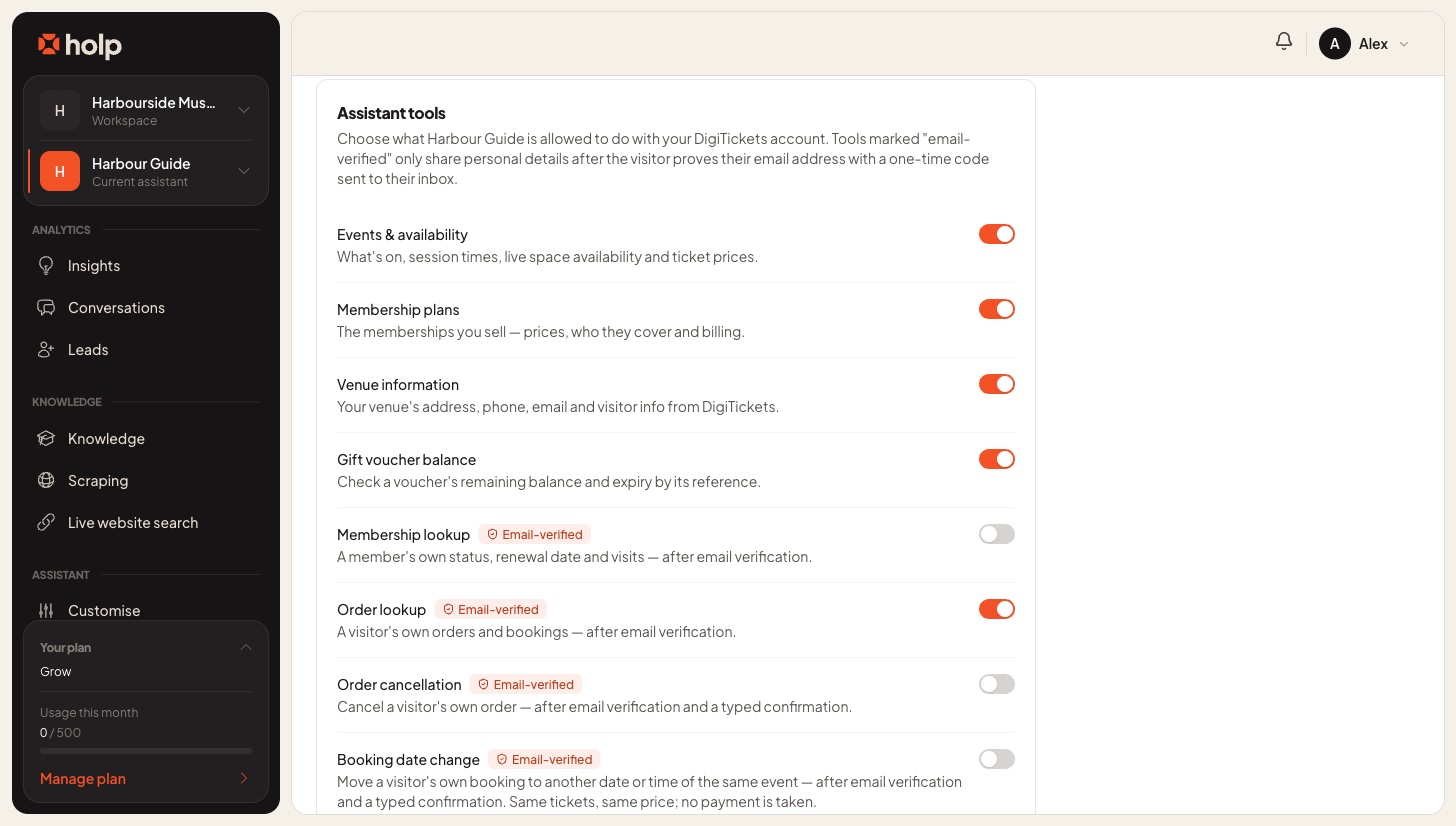 All eight DigiTickets assistant tools with their switches, four of them marked Email-verified