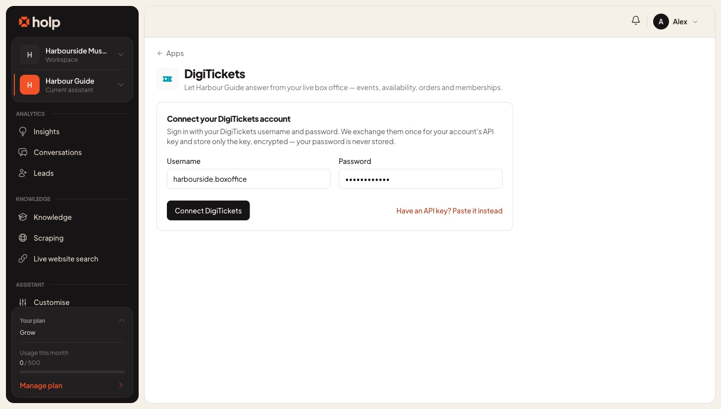 The Connect your DigiTickets account form with username and password fields and a Connect DigiTickets button