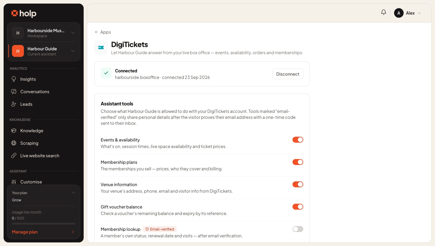 The DigiTickets settings page showing a Connected status for the account harbourside.boxoffice and the start of the Assistant tools list