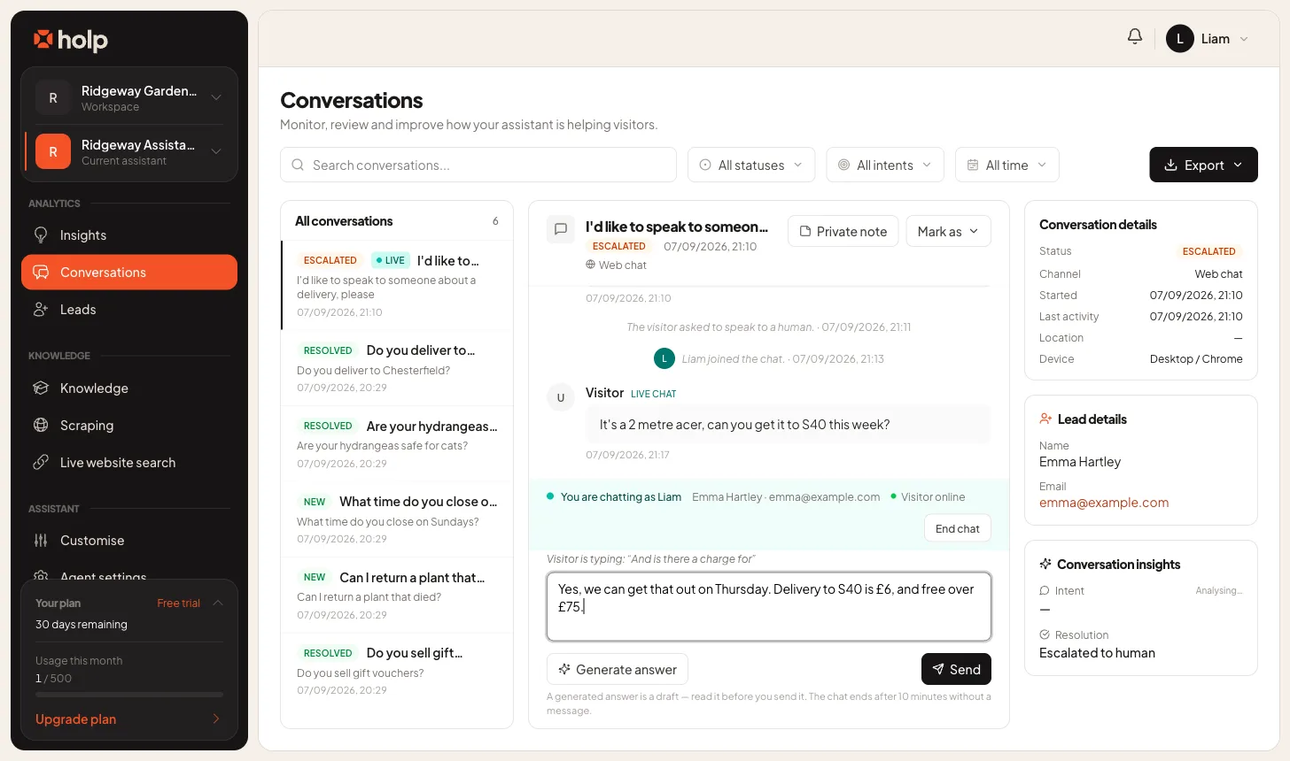 A live chat in progress in the Holp inbox, with the visitor typing, a drafted reply and the Generate answer button