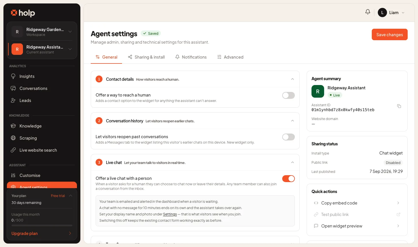 The Live chat section of Holp agent settings, with the toggle switched on and the four notes about how it behaves