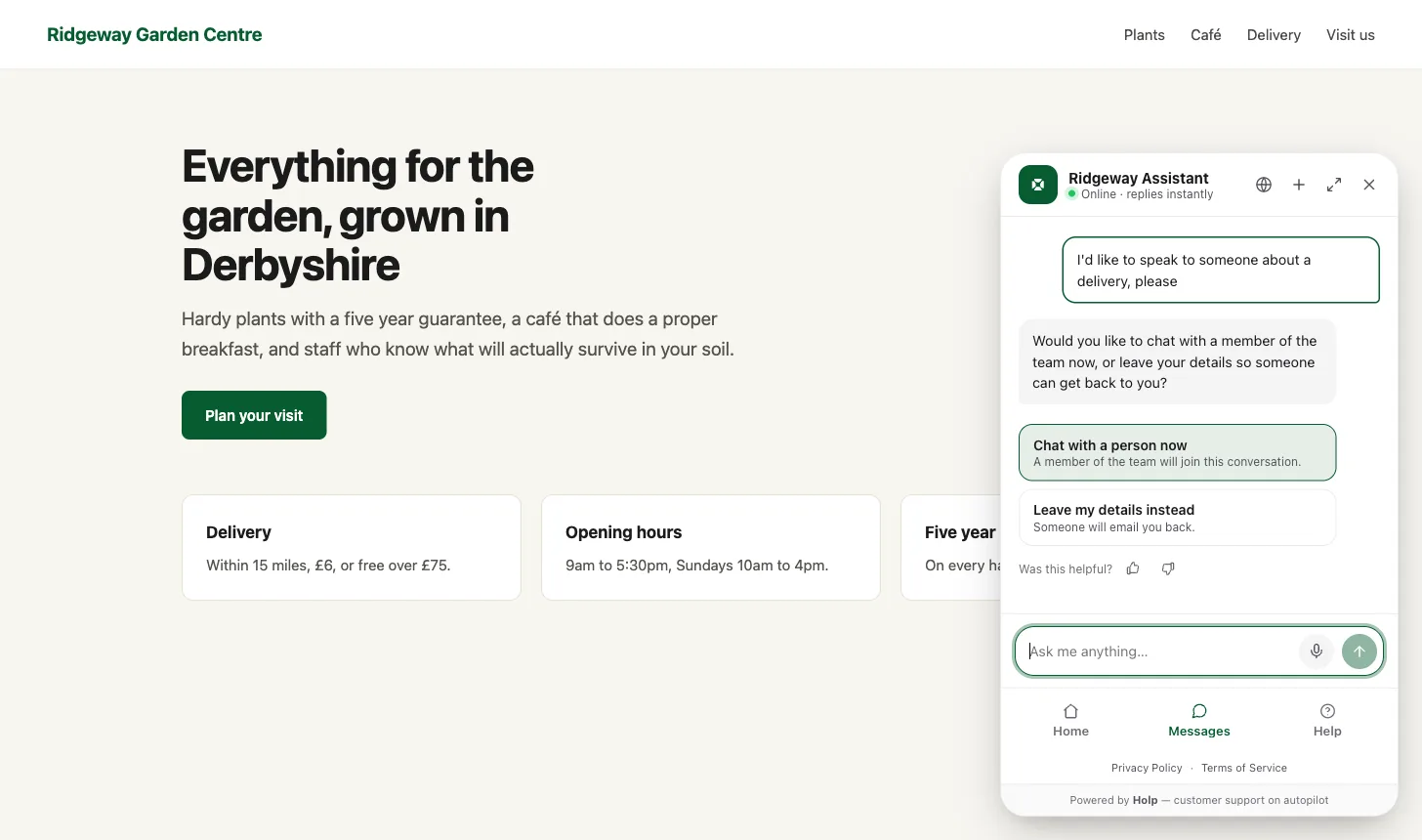 The Holp widget offering a visitor the choice of chatting with a person now or leaving their details